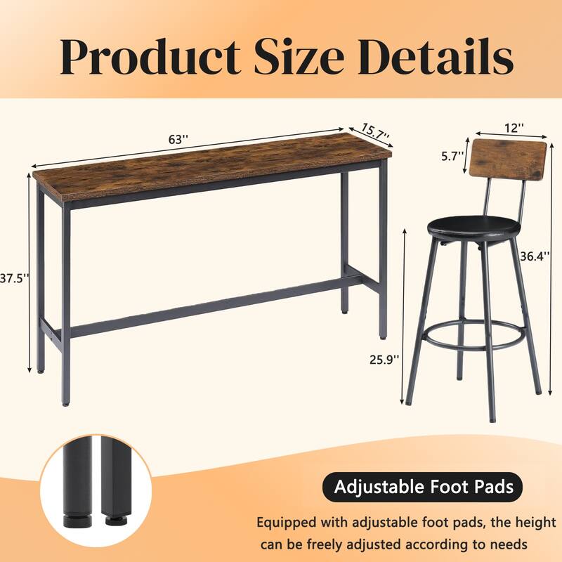 Bar Table and Chairs Set for 3, 4 Piece Industrial Dining Table Set with 3 PU Upholstered Bar Stools