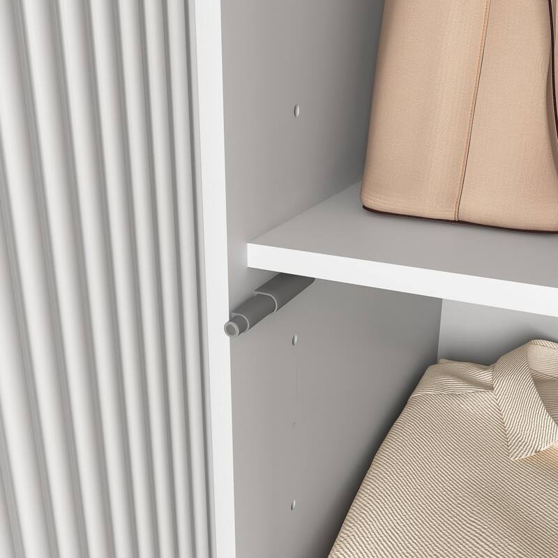 4-Door Wardrobe Closet with Mirror & LED, Wooden Storage Cabinet with Hanging Rod & Adjustable Shelves