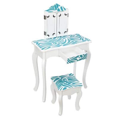 Three-Fold Mirror Single-Drawing Curved Foot Children Dressing Table Blue Zebra - 23.63 x 11.03 x 38.59