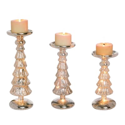 Transpac Glass 14 in. Gold Christmas LED Tree Pillar Candle Holders Set of 3