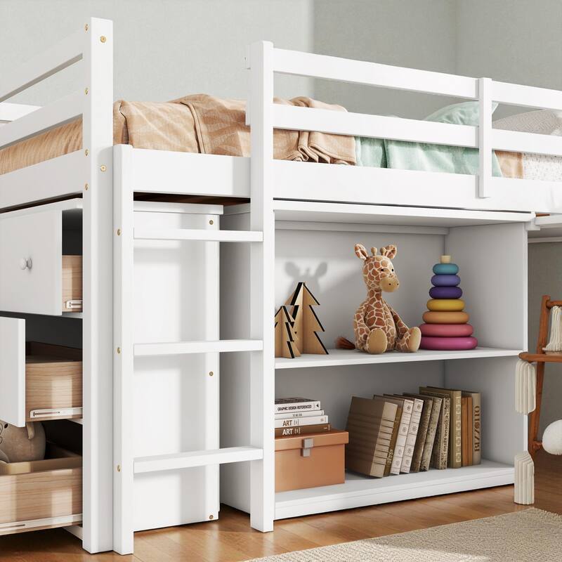 Twin Size Rubber Wood Loft Bed with Pull-Out Desk, Drawer Cabinet, and Shelf Storage, Safety Guardrails and Ladder