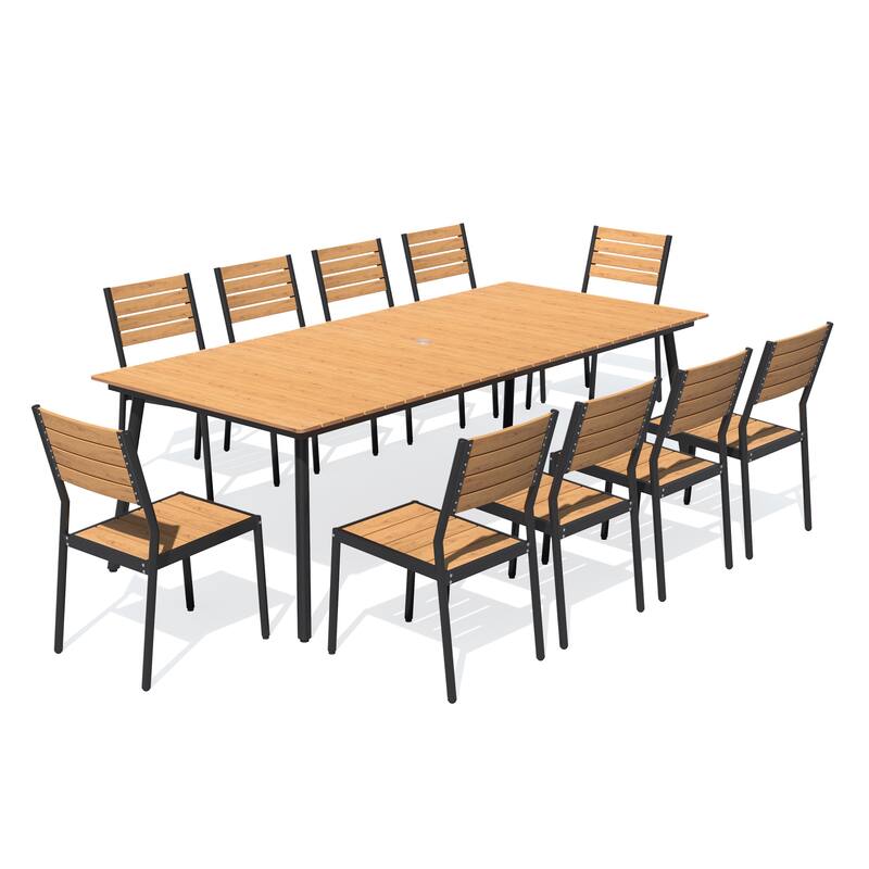 11 PCS Outdoor Rectangle Aluminum Dining Table with Umbrella Hole and 10 Stackable Chairs