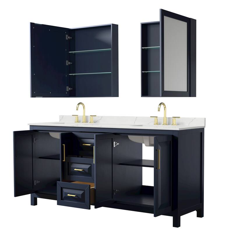 Daria 72-inch Double Vanity, 3 Hole Quartz Top, Med Cabinets