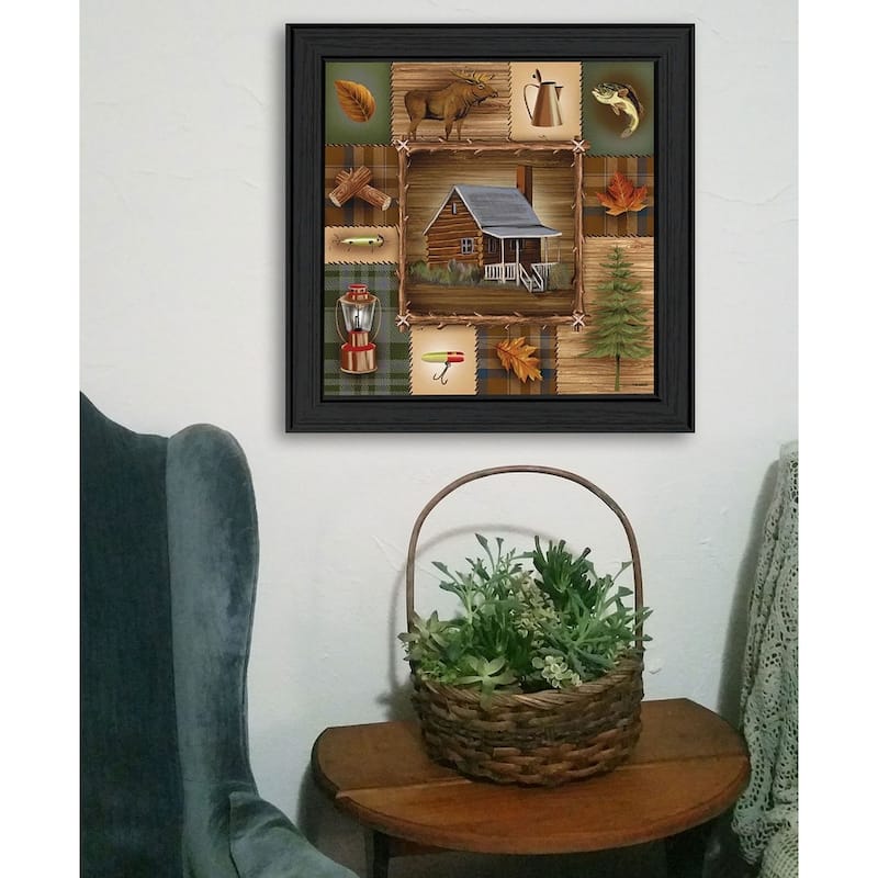 TrendyDecor4U Mid-Century Modern "At the Cabin" Framed Print Wall Art by Ed Wargo - Black, Reds, Green, Oranges Browns, White