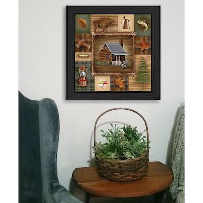 TrendyDecor4U Mid-Century Modern "At the Cabin" Framed Print Wall Art by Ed Wargo - Black, Reds, Green, Oranges Browns, White