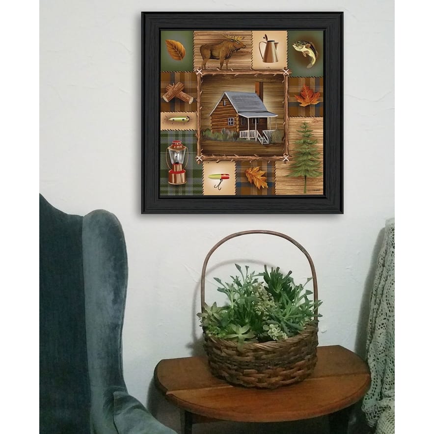 TrendyDecor4U Mid-Century Modern "At the Cabin" Framed Print Wall Art by Ed Wargo - Black, Reds, Green, Oranges Browns, White