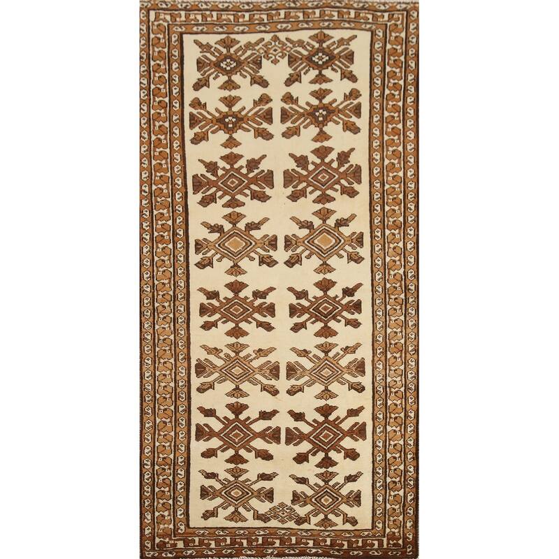 Hand Knotted Oriental 100% Wool Carpet Traditional Geometric Beige & Ivories Balouch Runner Rug - 6' 8'' X 3' 4''