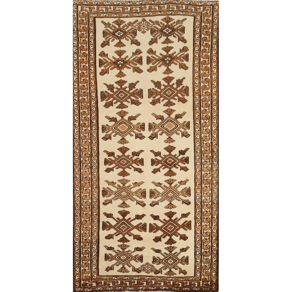 Hand Knotted Oriental 100% Wool Carpet Traditional Geometric Beige & Ivories Balouch Runner Rug - 6' 8'' X 3' 4''