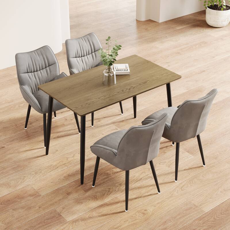 Stylish Dining Table Set for 4-6 People, 5-Piece Modern Wood Grain Table and Velvet Plush Chairs with Black Metal Legs