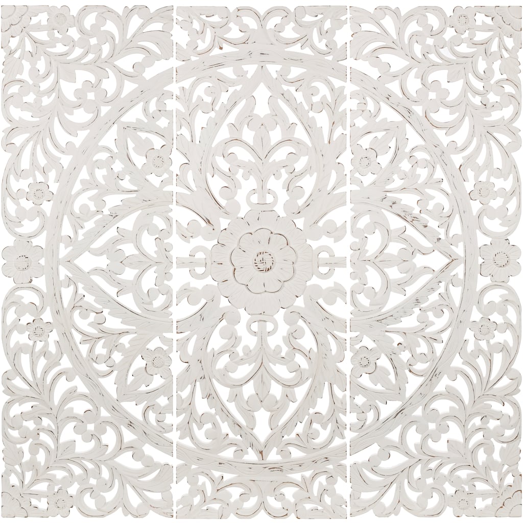 Luzie Floral Hand Carved Antique White Wooden 48x48-inch 3-Panel Wall Art