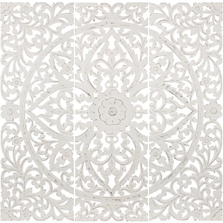 Luzie Floral Hand Carved Antique White Wooden 48x48-inch 3-Panel Wall Art