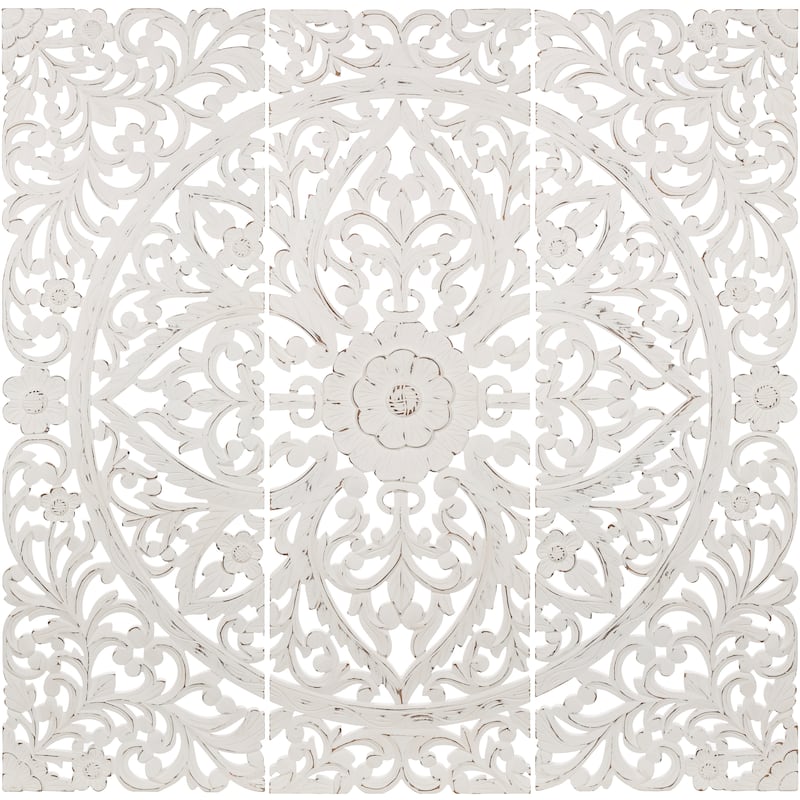 Luzie Floral Hand Carved Antique White Wooden 48x48-inch 3-Panel Wall Art - 48"H x 16"W, 48"H x 16"W, 48"H x 16"W