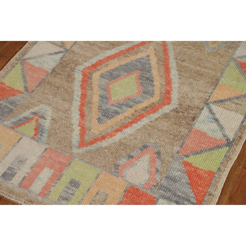 Hand Knotted Oriental 100% Wool Carpet Transitional Geometric Brown Oushak Runner Rug - 8' 8'' X 3' 0''