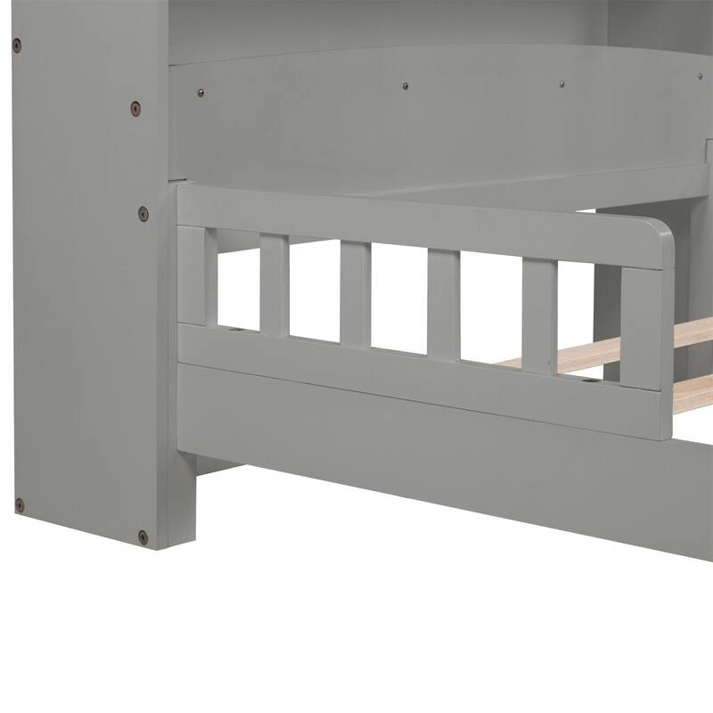 Twin Size Pine Bed w/ Bookcase Headboard ,LED Sensor Light, Guardrails