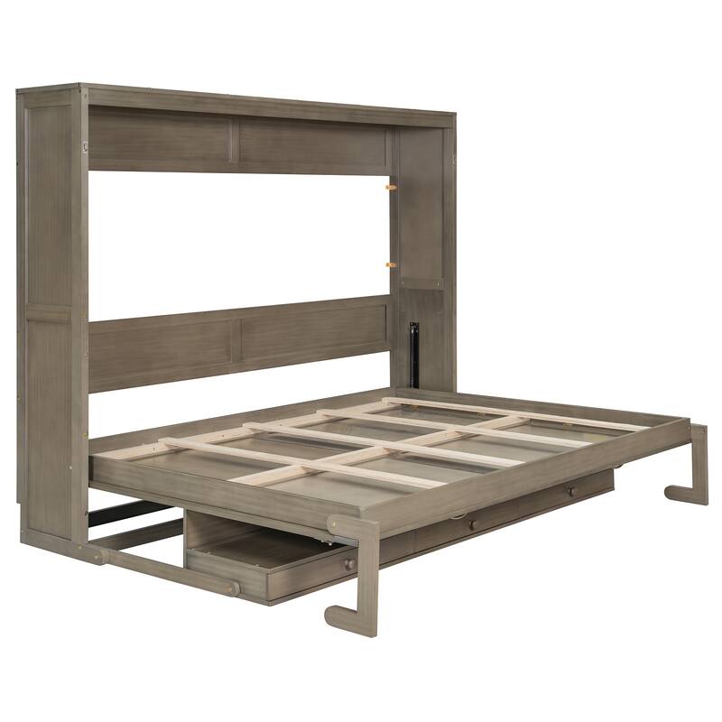 Queen Murphy Bed with Storage & Vanity Desk, Wall Mounted Folding Cabinet Bed with Mirror and Drawers for Small Space