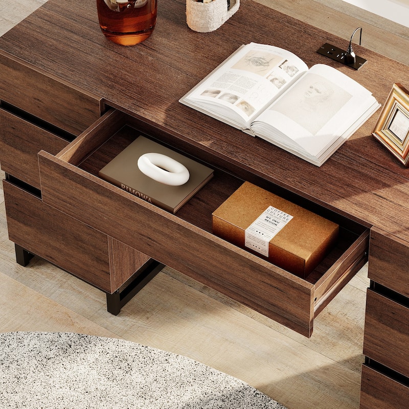 WAMPAT 59" Modern Executive Desk with Drawers & Charging Station, Wood Office Desk for Bedroom, Living Room, Home Office.