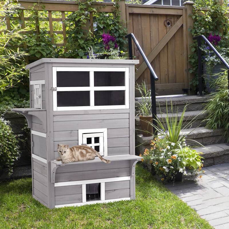 PawHut 3-Story Cat House Feral Cat Shelter, Outdoor Kitten Condo - Grey