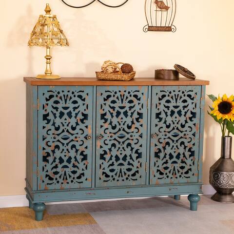 PHI VILLA Retro Antique Hollow-Carved 3-door Storage Cabinet
