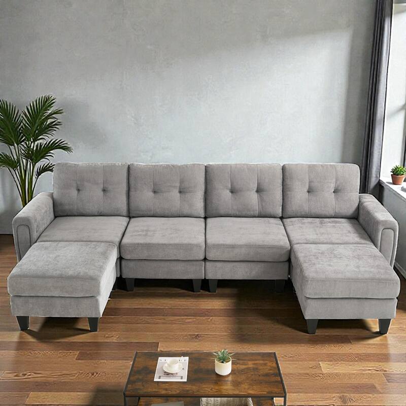 Modern 115" U-Shaped Modular Sectional Sofa with 2 Ottomans, USB Charging Ports, Foldable Side Tables, Chenille Upholstery