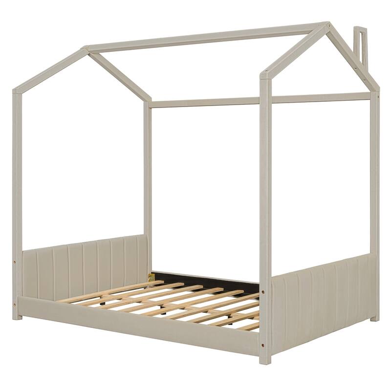 Modern Velvet Upholstered Playhouse Bed Frame with Wooden Slat Support