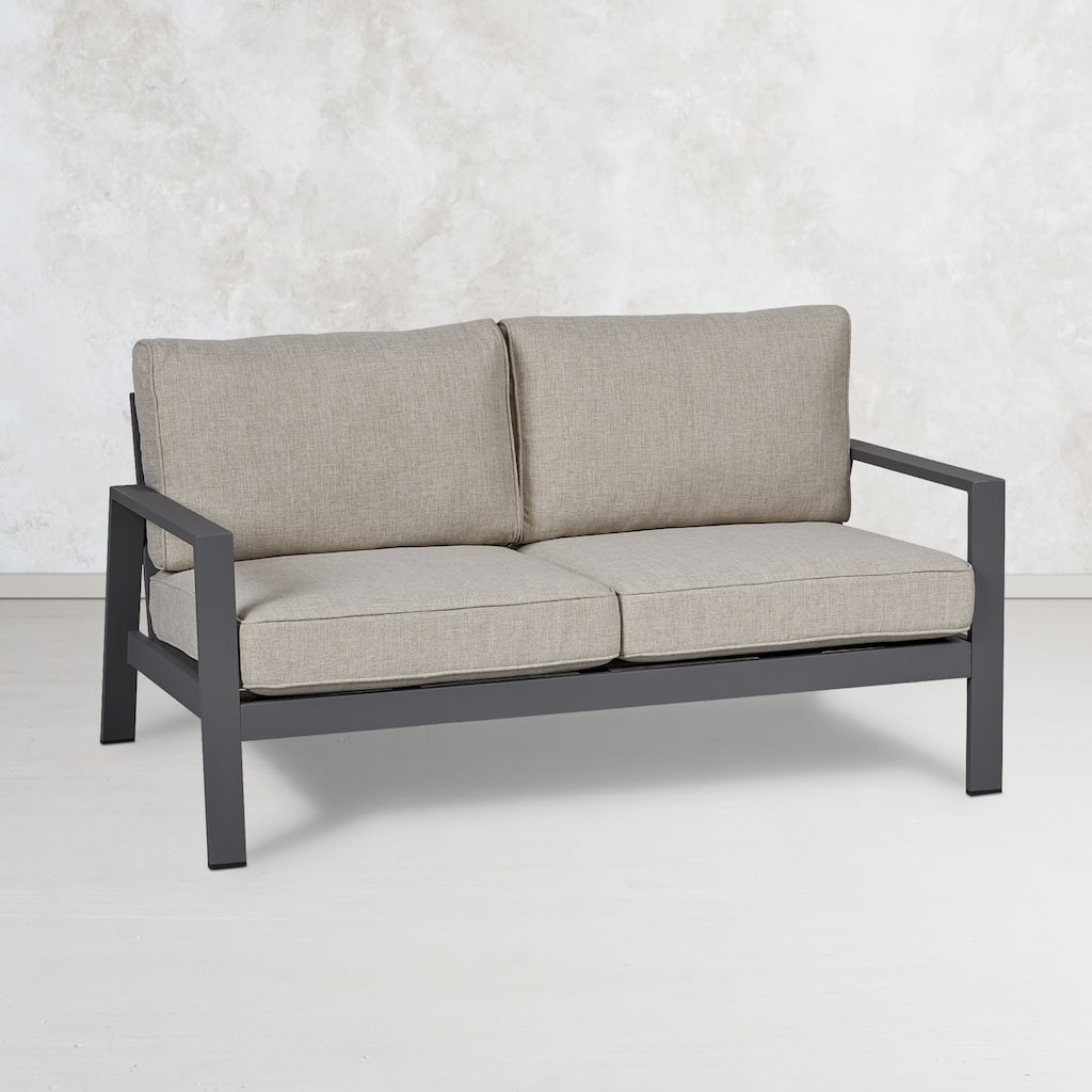 Aegean Outdoor Two Seat Sofa in Weathered Slate w/ Tan Cushions by Real Flame