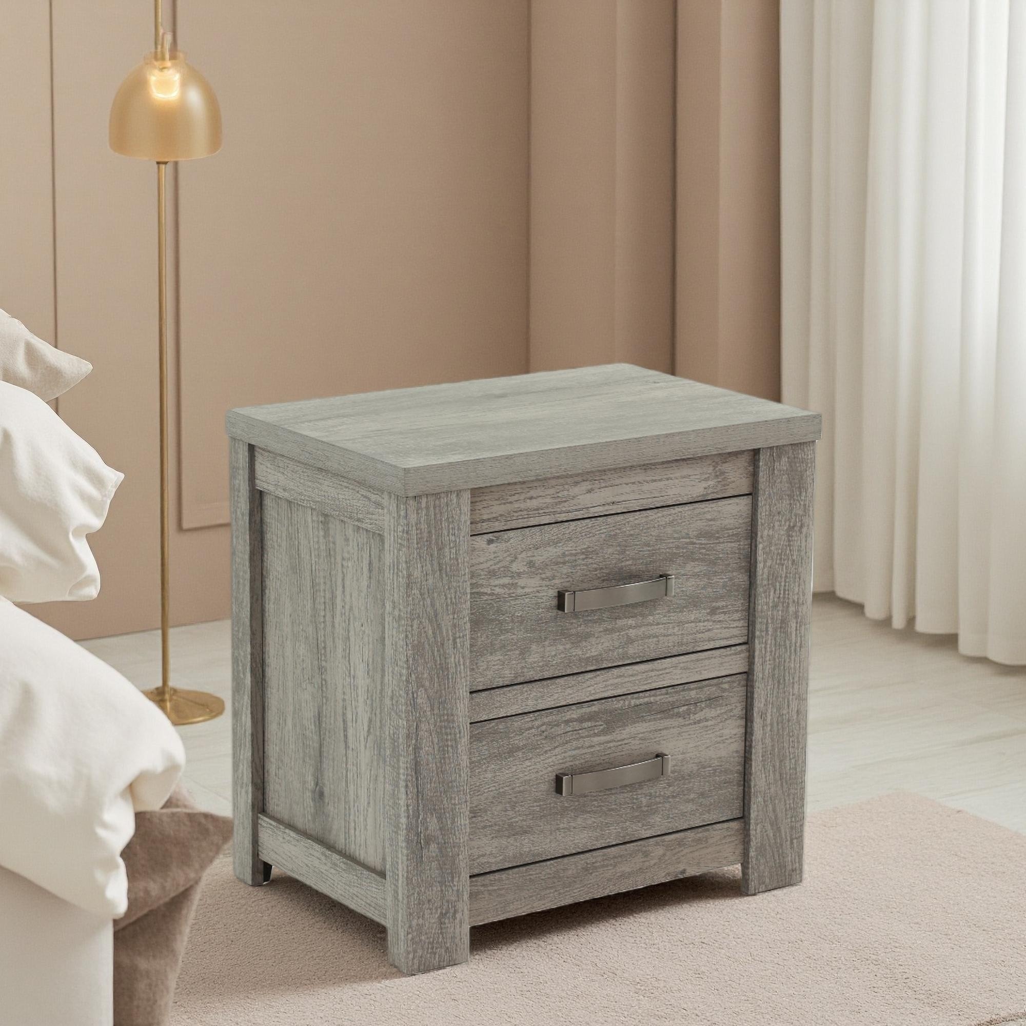 24"L 2 Drawer Oak Wood Nightstand, Modern Durable Bedside Table, 25" H