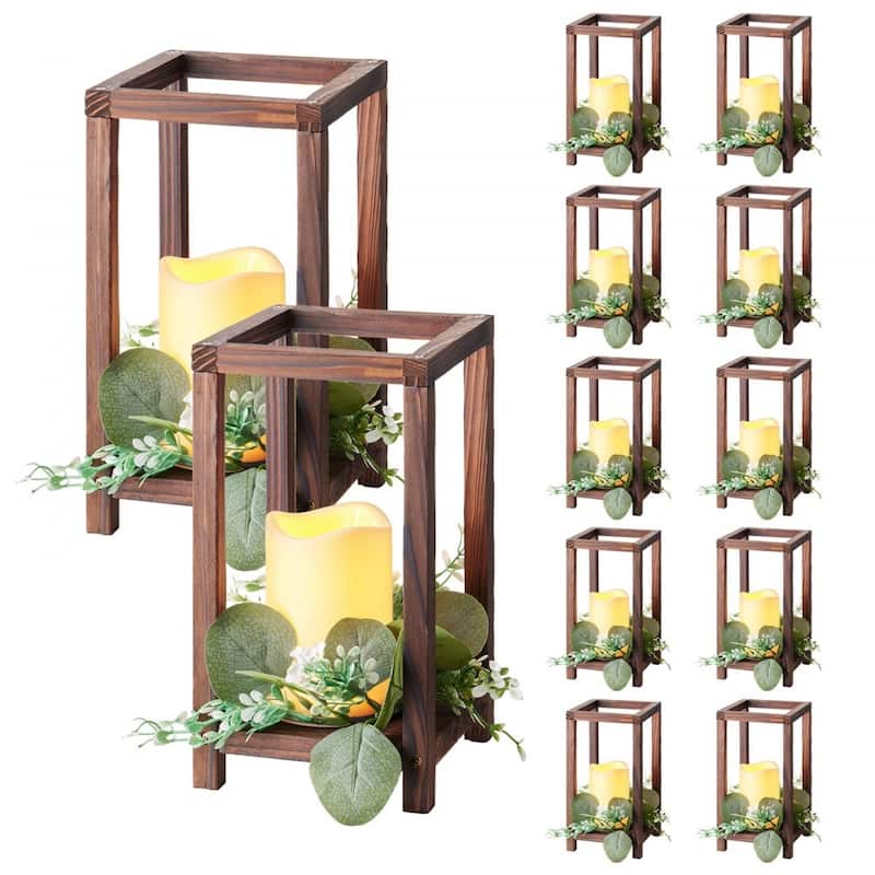 Wooden Wedding Lantern Set with LED Candles and Eucalyptus Wreath Rustic Cedar Table - 36 pc - Brown