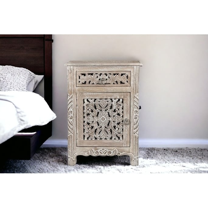 30" Distressed Gray One Drawer Carved Floral Solid Wood Nightstand