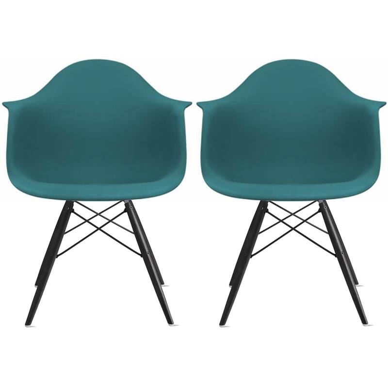 Set of 2 Color Modern Arm Chairs For Dining Room Kitchen Solid Molded Plastic Seat Dark Black Wood Eiffel Legs - Teal