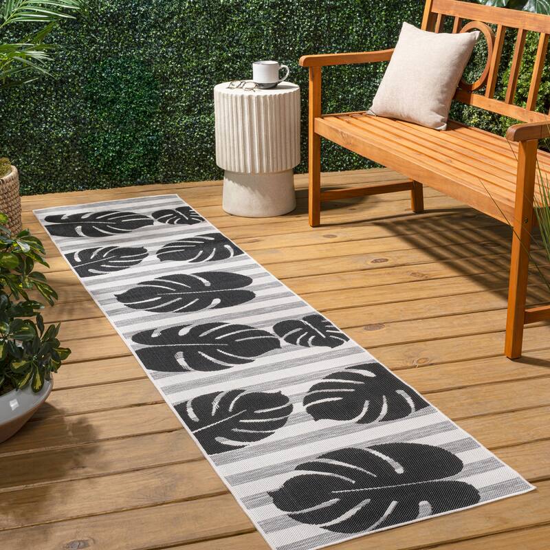 JONATHAN Y Allison Classic Beach Stripe and Monstera Leaf Indoor/Outdoor Area Rug