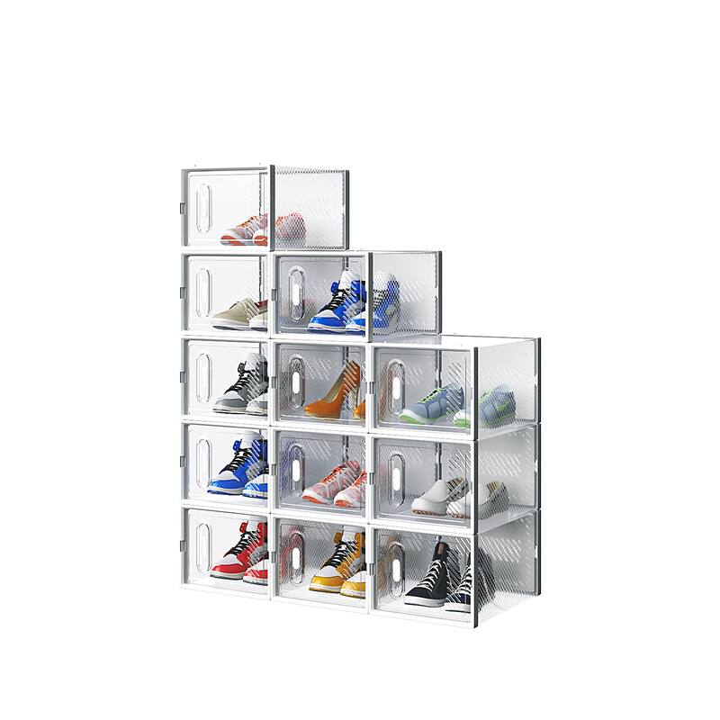12 Piece White Plastic Mesh Shoe Box Set Modular Stackable Storage Organizer for Home and Closet - N/A