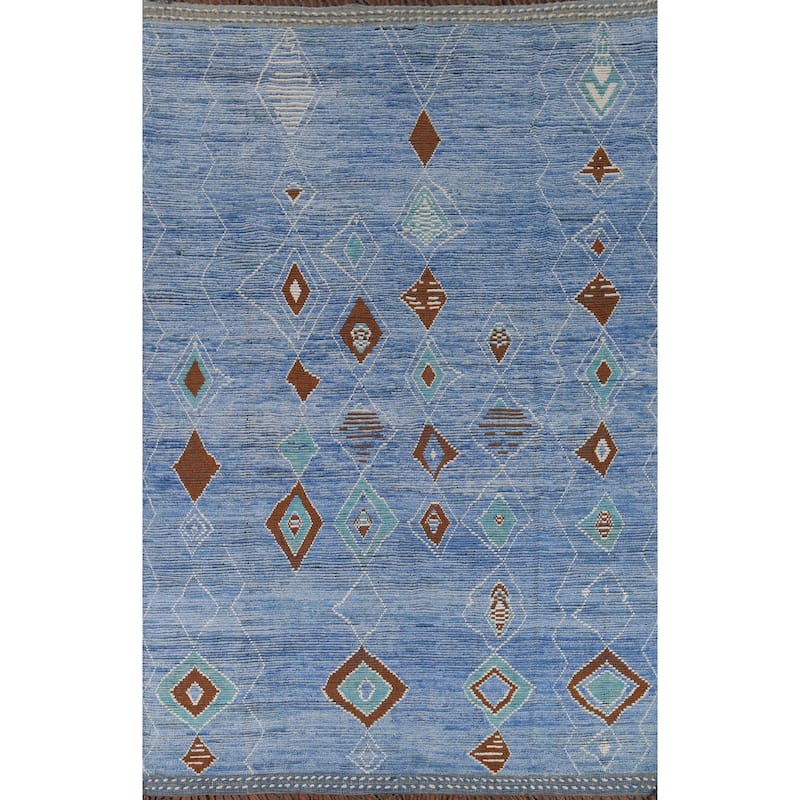Blue Geometric Moroccan Area Rug Hand-Knotted Wool Carpet - 8'7"x 12'2"