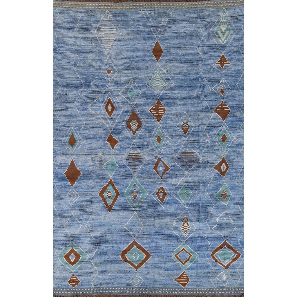 Blue Geometric Moroccan Area Rug Hand-Knotted Wool Carpet - 8'7"x 12'2"