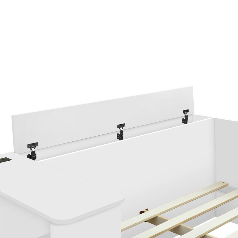 Full Size White Wooden Platform Bed with Drawers, Shelves, and Dressing Table