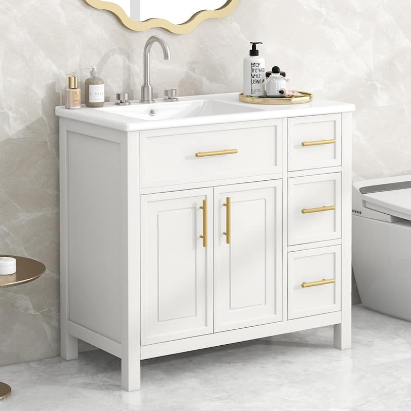 36" Bathroom Vanity with Sink Top, Bathroom Vanity Cabinet with 2 Doors and 3 Drawers, Solid Wood and MDF Board