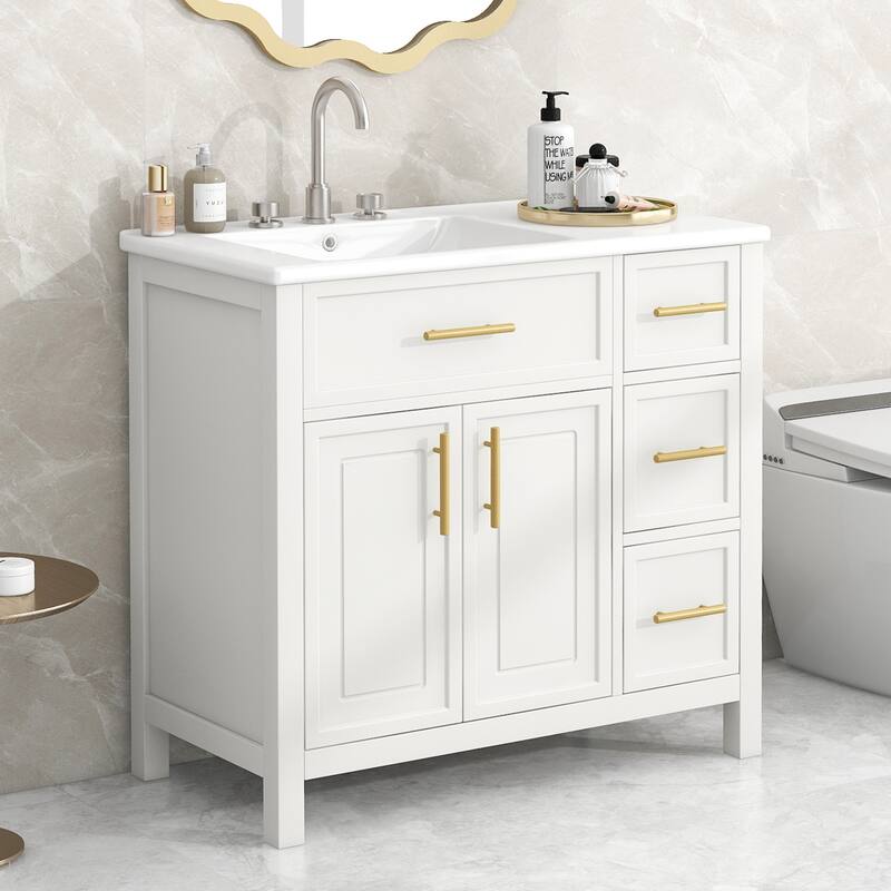 Roomfitters 36" Bathroom Vanity with Sink, Left-Side Basin, Solid Wood Frame, 2 Doors & 3 Drawers