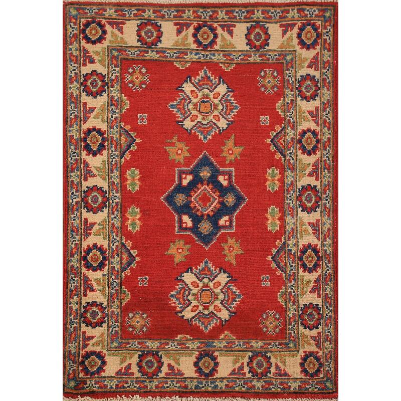 Geometric Red Kazak Foyer Rug Hand-Knotted Traditional Wool Carpet - 2'0" x 3'0"