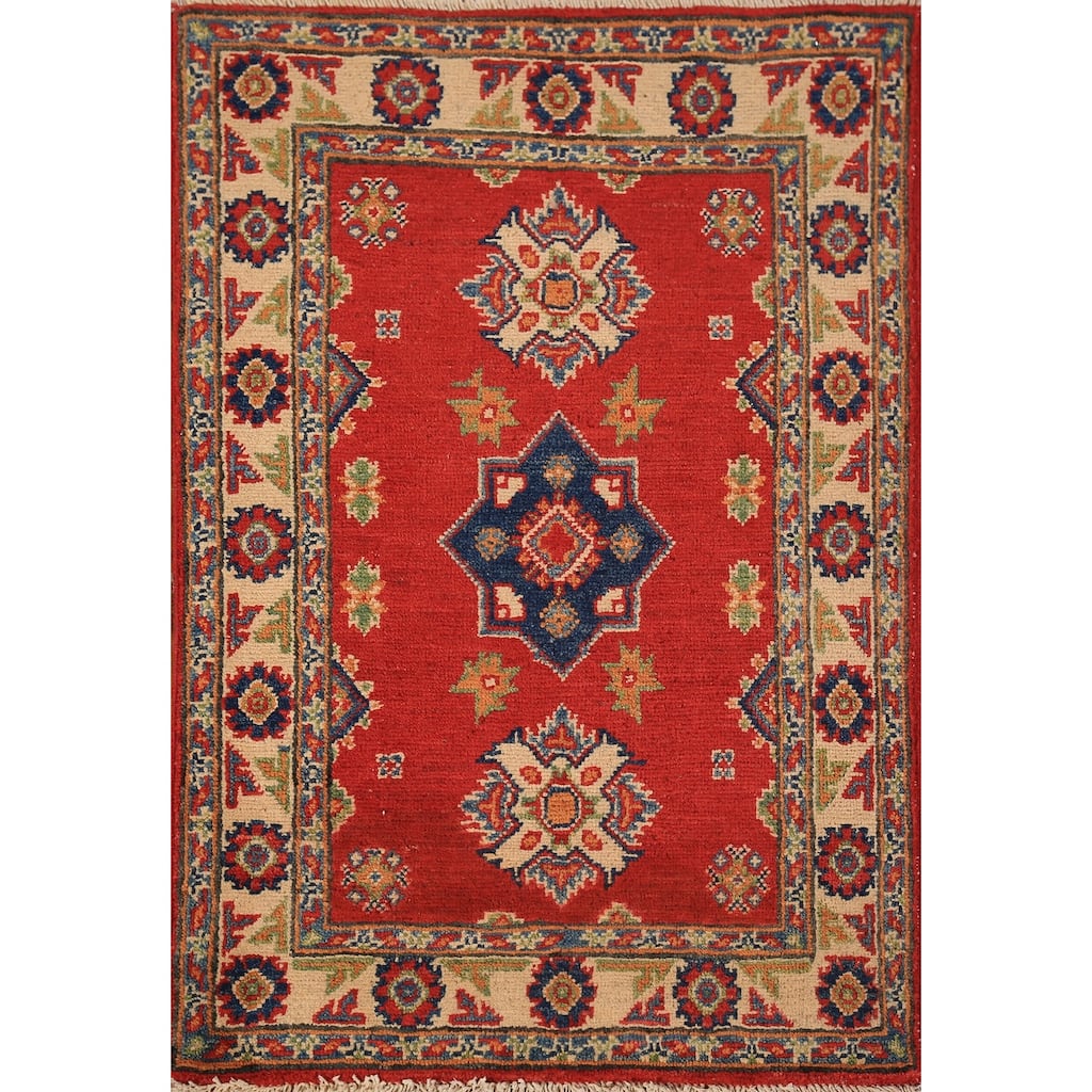 Geometric Red Kazak Foyer Rug Hand-Knotted Traditional Wool Carpet - 2'0" x 3'0"