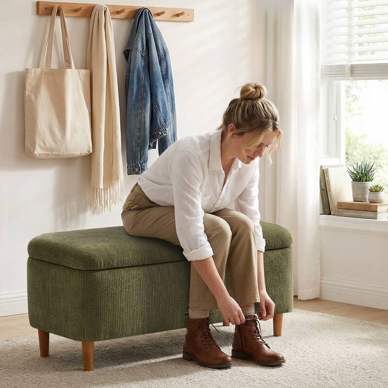 39in Soft Chenille Fabric Storage Ottoman Bench for Bedroom / Entryway Bed Foot / Living Room，Upholstered Entryway Bench