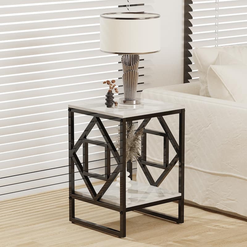 Modern side table in the shape of a rose: 2-tier sofa side table with burnished stone top and gold/black frame for living room