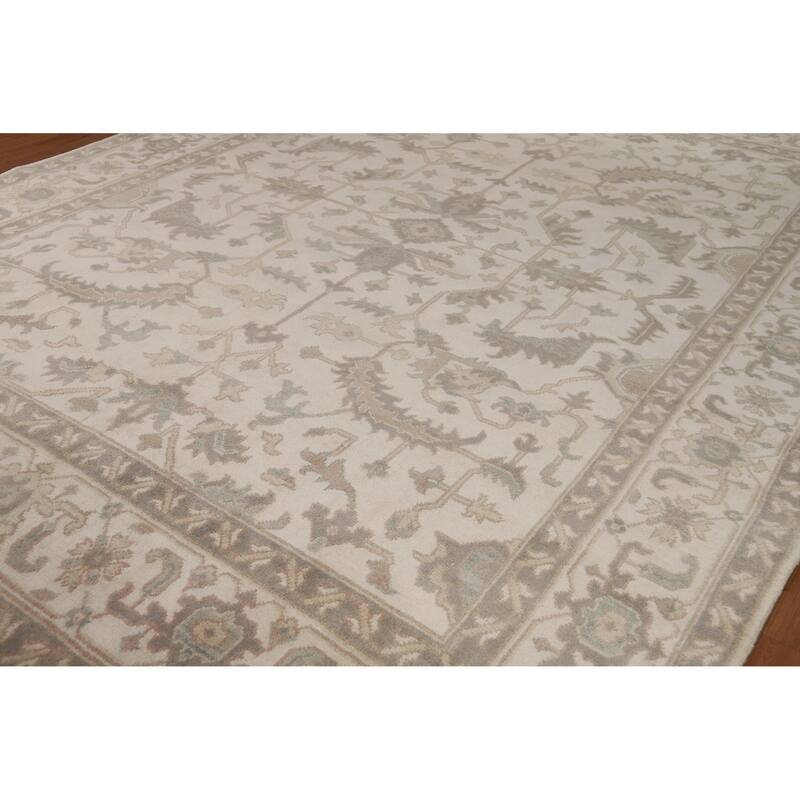 All-Over Ivory Floral Oushak Indian Area Rug Handmade Wool Carpet - 8'4" x 11'10"