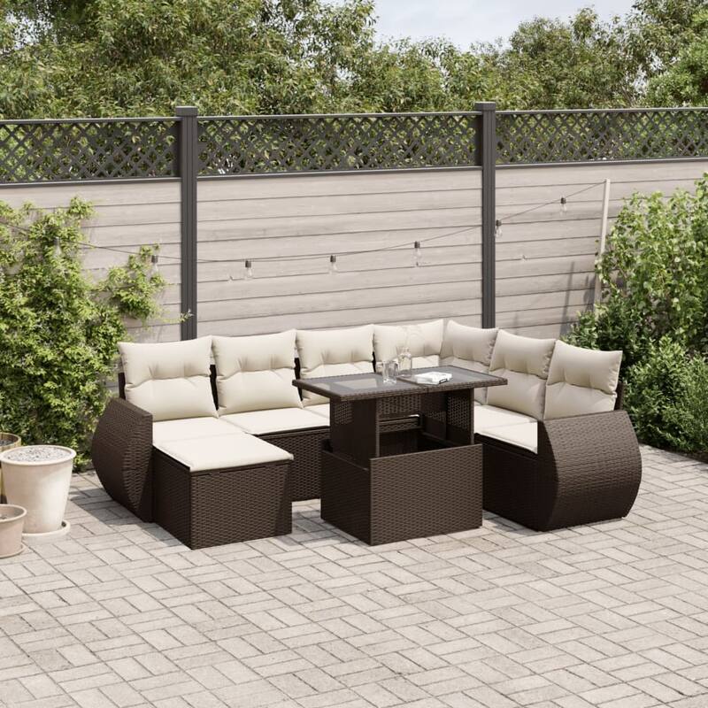vidaXL Patio Sofa Set with Cushions Outdoor Furniture 8 Piece Poly Rattan - Brown and Cream - 21.7 x 39.4 x 27.2