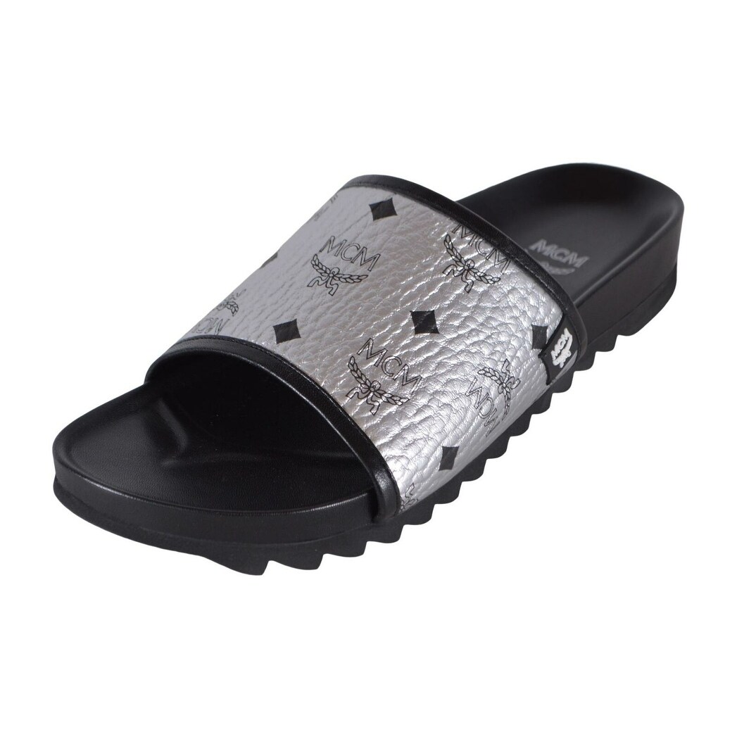 New MCM Men's Grey Coated Canvas Visetos Monogram Slides Sandals Shoes ...