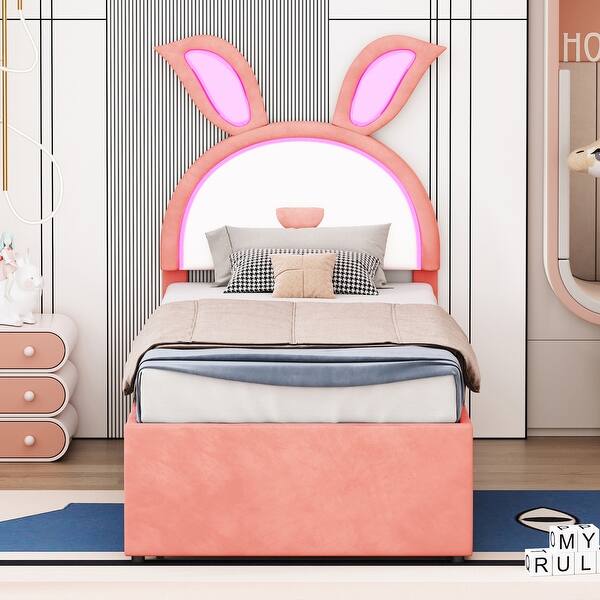 slide 2 of 18, Pink Fairytale Kids Bed Twin Platform Bed with LED & Trundle Pink - Twin