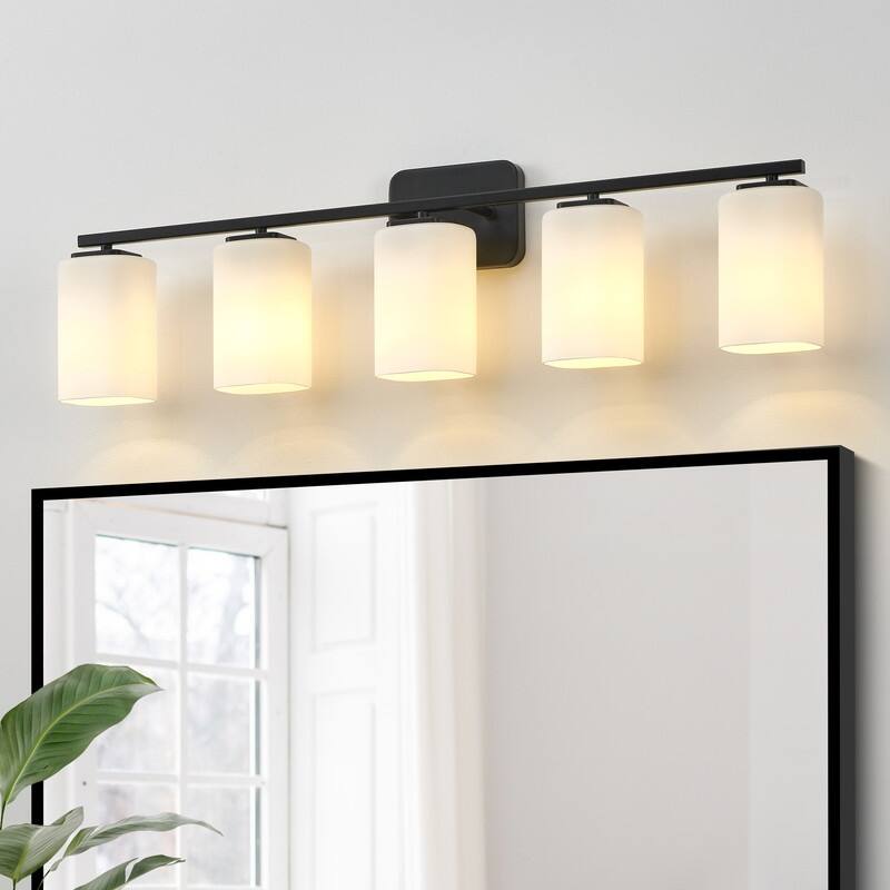 KAWOTI Modern & Contemporary Vanity Light with Frosted Glass Shade - 5-Light(W35.5") - Matte Black