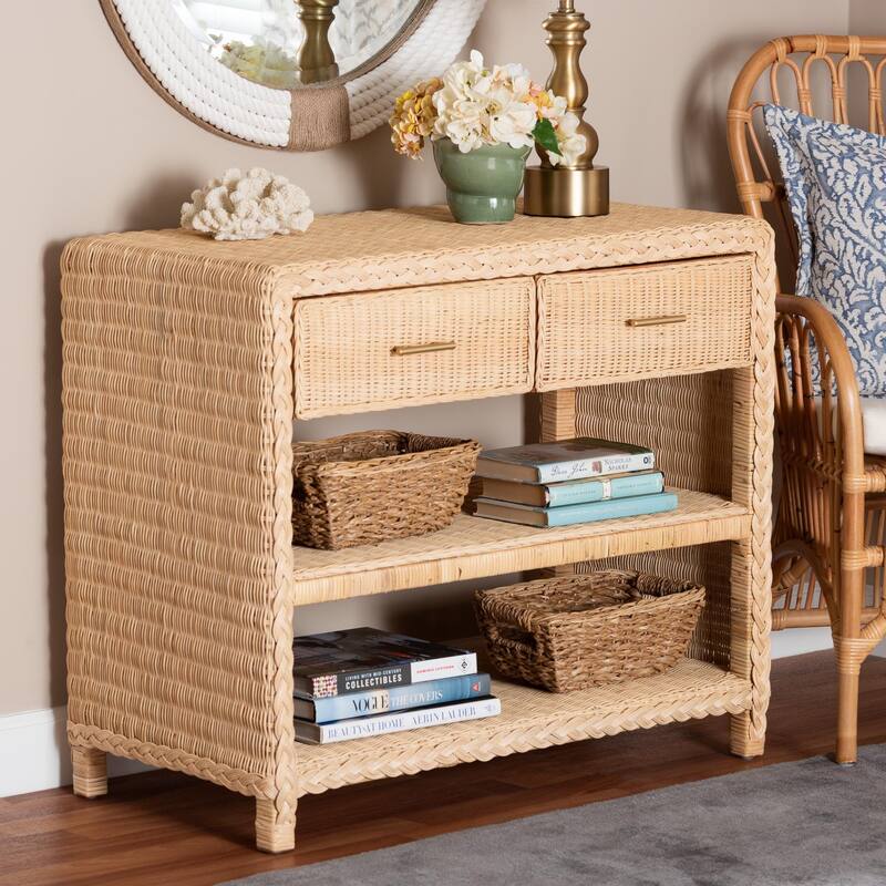 Lanica Braided Natural Rattan Console Table with Drawers and Shelves – Coastal Style Cabinet for Entryway or Living Room