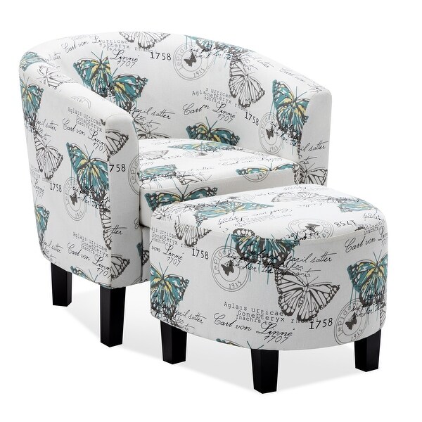 BELLEZE Modern Upholstered Barrel Accent Chair Armrest With Ottoman Footrest, White