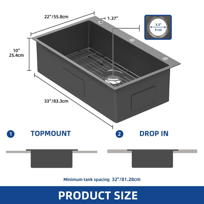 33 Inch Drop In Kitchen Sink Top mount Stainless Steel Black Sink w/Sink Protector Single Bowl Drop-in Sink for Workstation