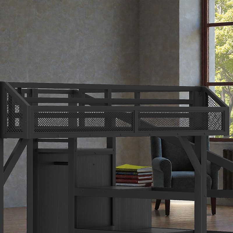 Metal Loft Bed with Storage Stairs, Wardrobe and Shelves, USB Ports and LED Lights, Noise Reduced Frame