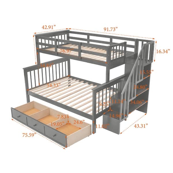 Modern Twin Over Full Bunk Bed Wooden Kids Bed with Stair,Ladder,Storage Drawers and Guardrail for Bedroom,Dorm